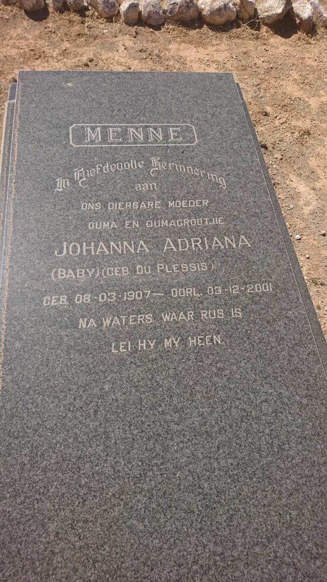 MENNE Johanna Adriana nee DU PLESSIS 1907-2001