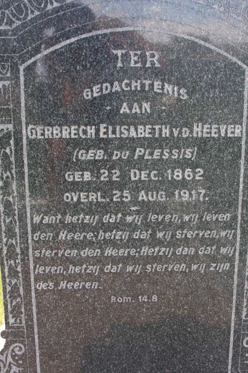 HEEVER Gerbrech Elisabeth, v.d. nee DU PLESSIS 1862-1917
