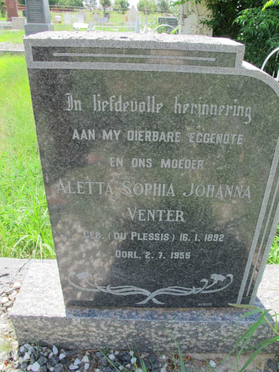 VENTER Aletta Sophia Johanna nee DU PLESSIS 1892-1955