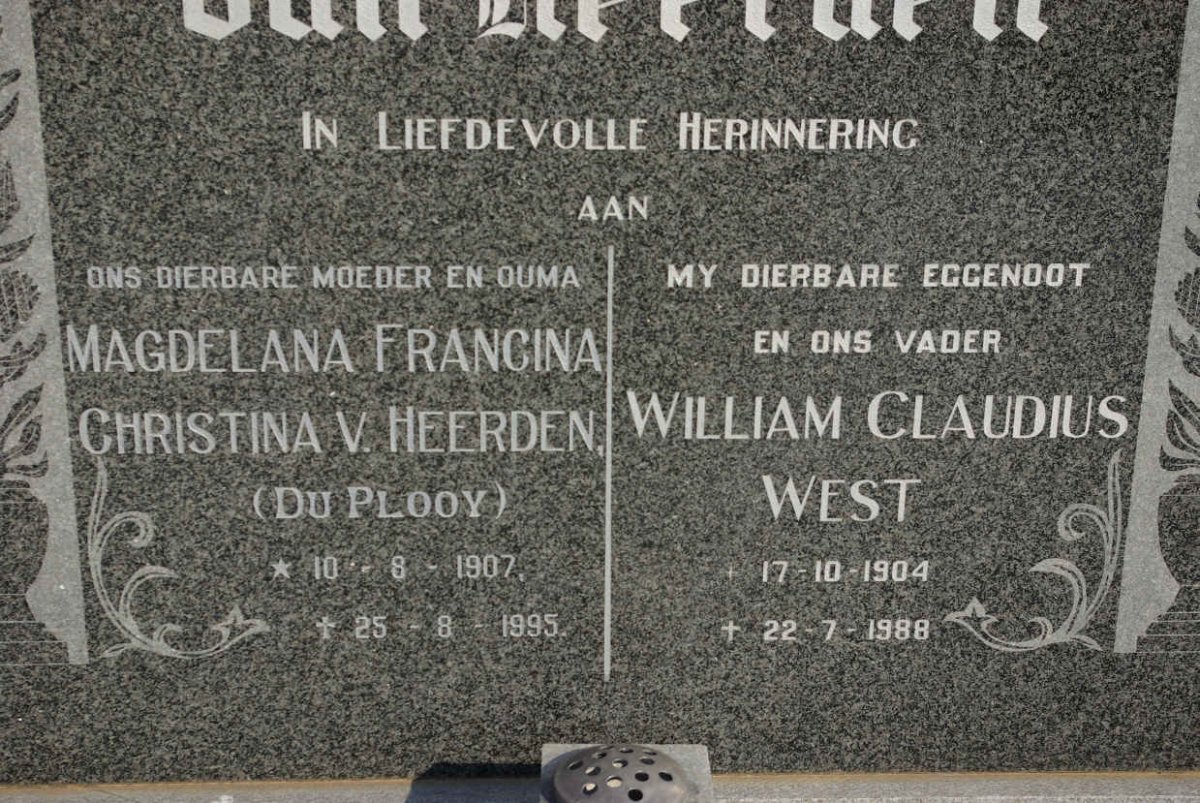 HEERDEN William Claudius West, van 1904-1988 &amp; Magdelana Francina Christina DU PLOOY 1907-1995