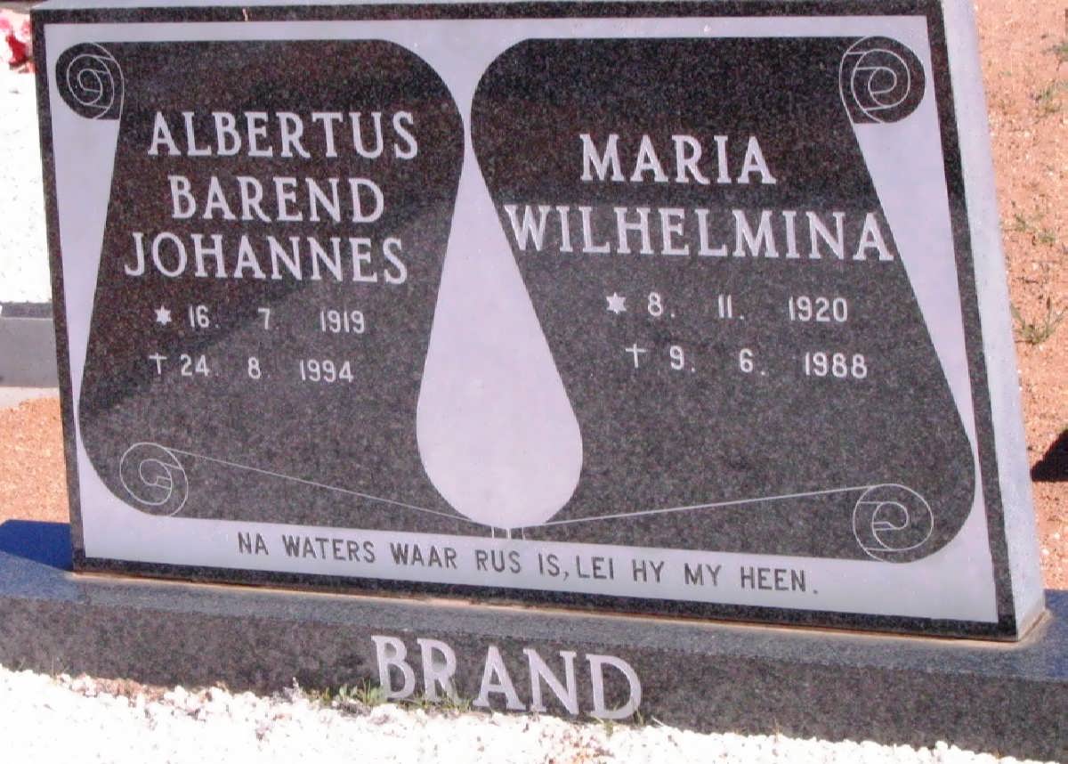 BRAND Albertus Barend Johannes 1919-1994 &amp; Maria Wilhelmina 1920-1988