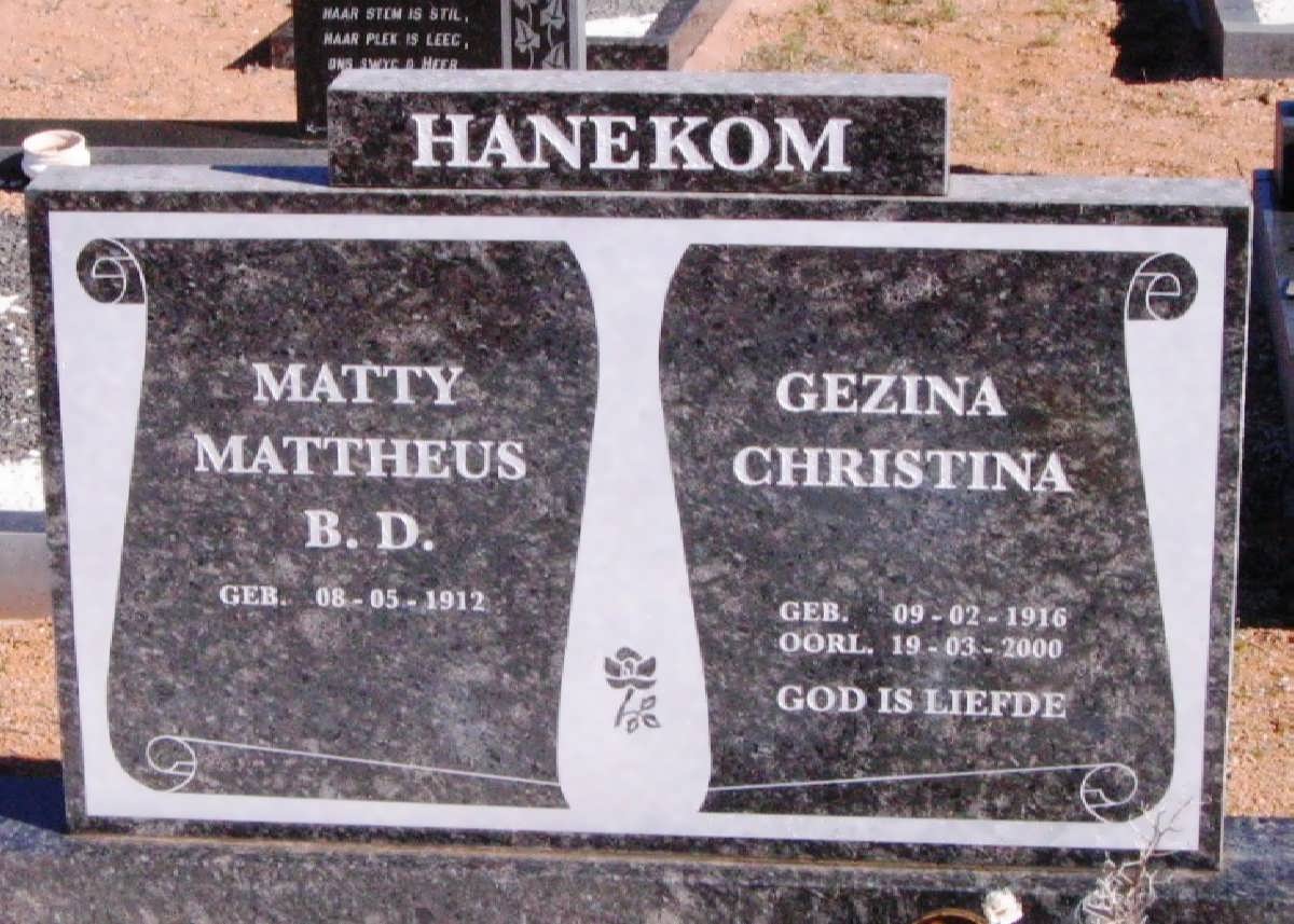 HANEKOM Matty Mattheus B.D. 1912- &amp; Gezina Christina 1916-2000