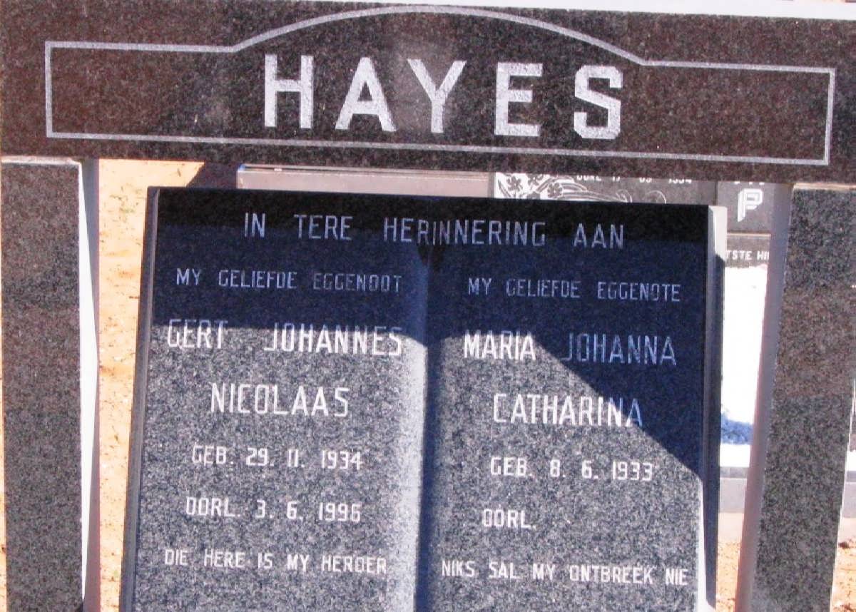 HAYES Gert Johannes Nicolaas 1934-1996 &amp; Maria Johanna Catharina 1933-