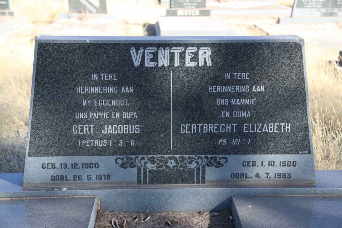 VENTER Gert Jacobus 1900-1978 &amp; Gertbrecht Elizabeth 1900-1983