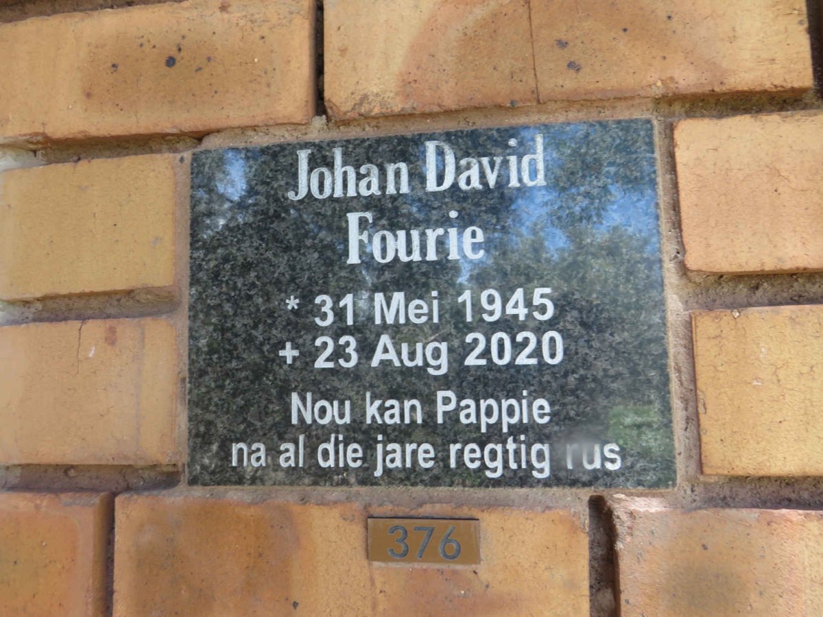 FOURIE Johan David 1945-2020