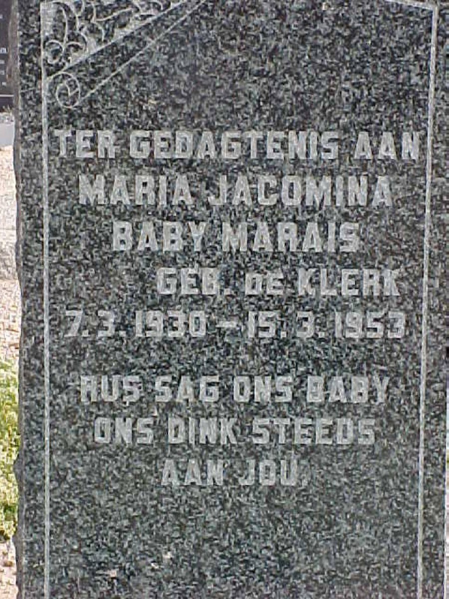 MARAIS Maria Jacomina Baby nee DE KLERK 1930-1953