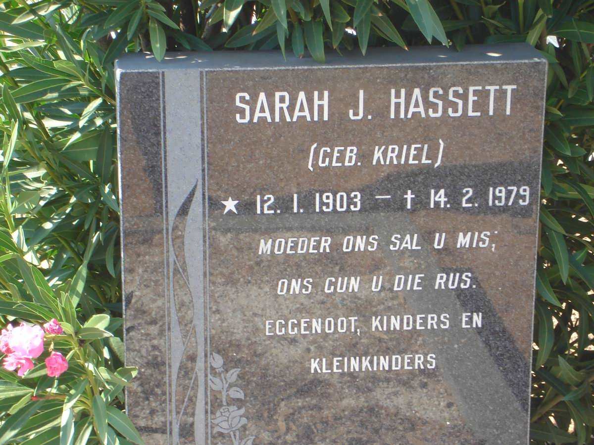 HASSETT Sarah J. nee KRIEL 1903-1979