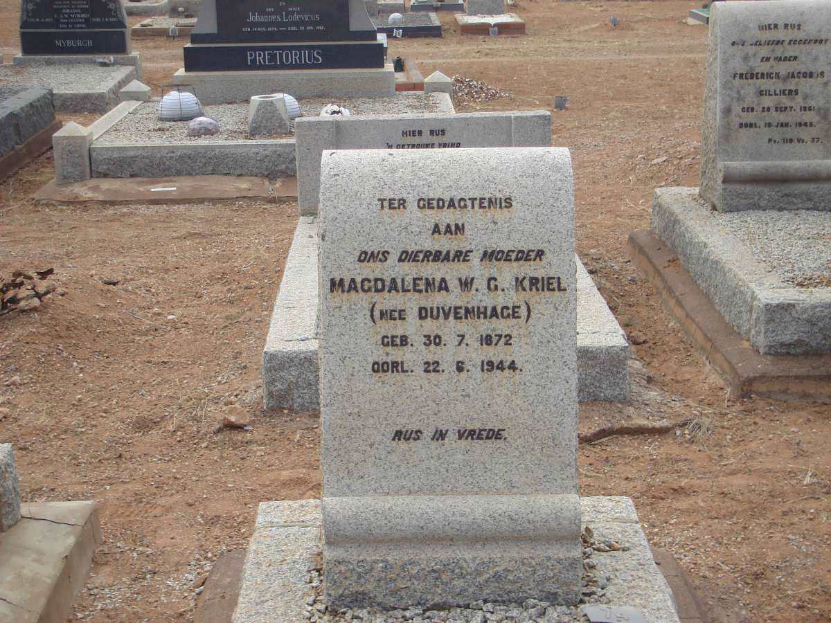 KRIEL Magdalena W.G. nee DUVENHAGE 1872-1944
