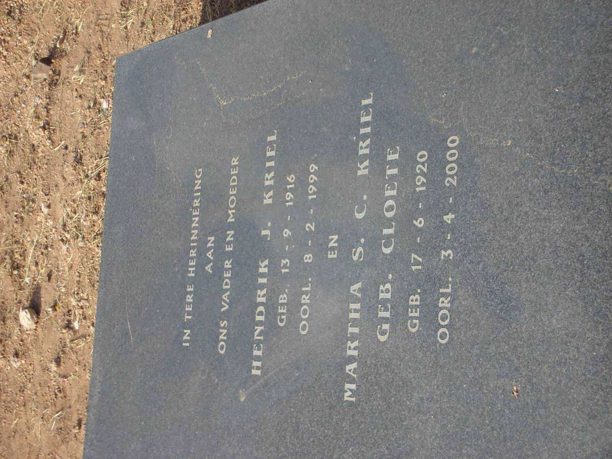 KRIEL Hendrik J. 1916-1999 &amp; Martha S.C. CLOETE 1920-2000