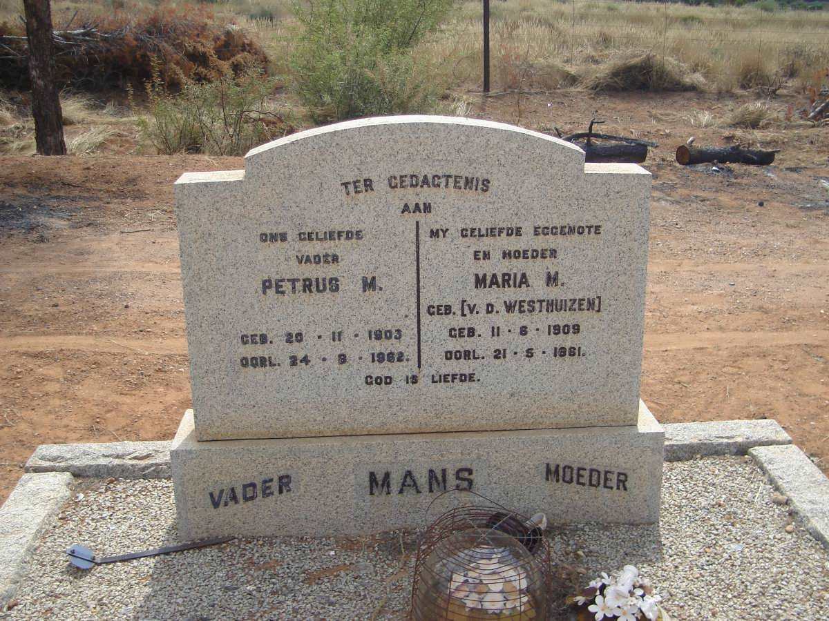 MANS Petrus M. 1903-1962 &amp; Maria M. V.D. WESTHUIZEN 1909-1961