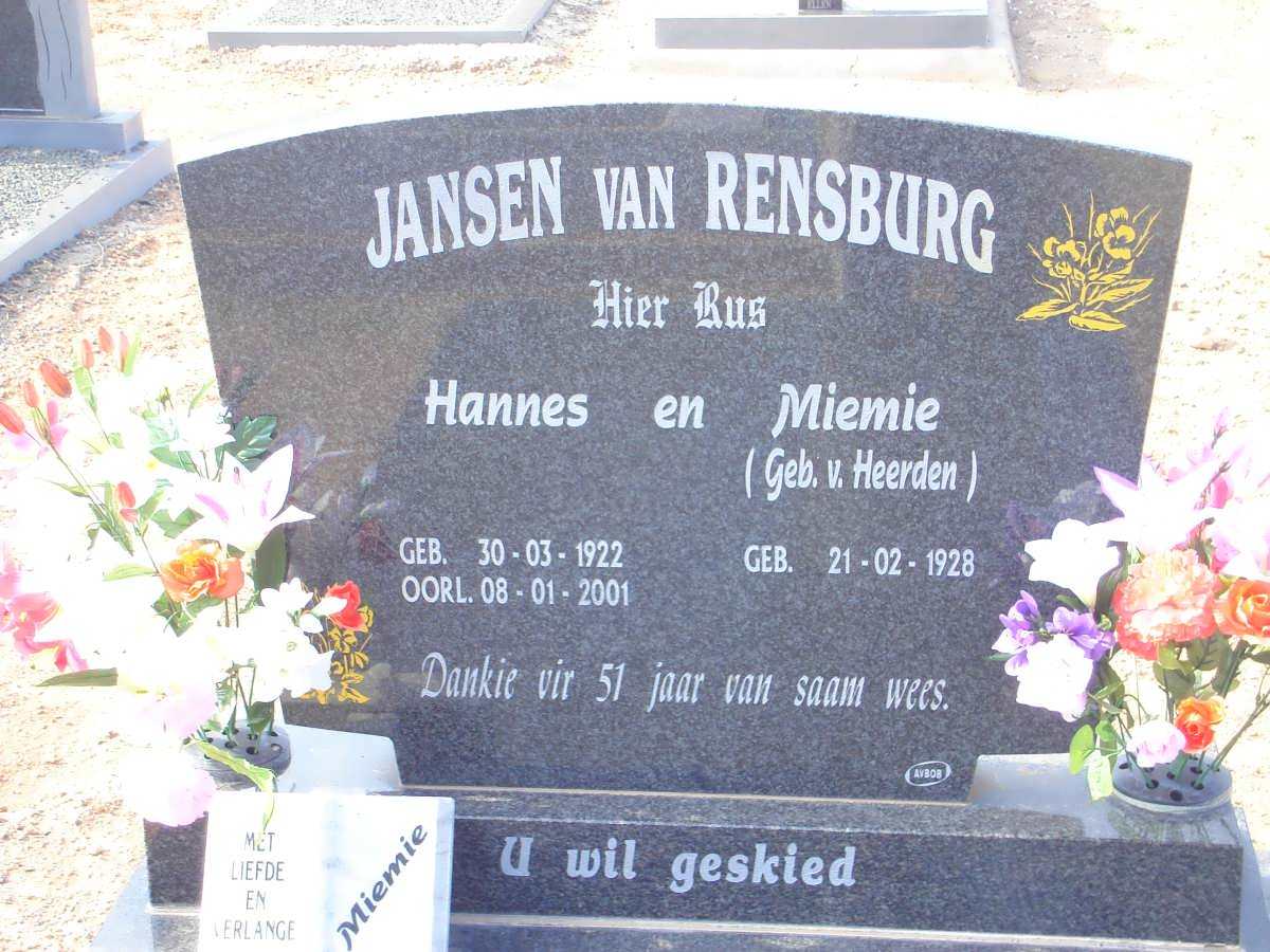 RENSBURG Hannes, Jansen van 1922-2001 &amp; Miemie VAN HEERDEN 1928-