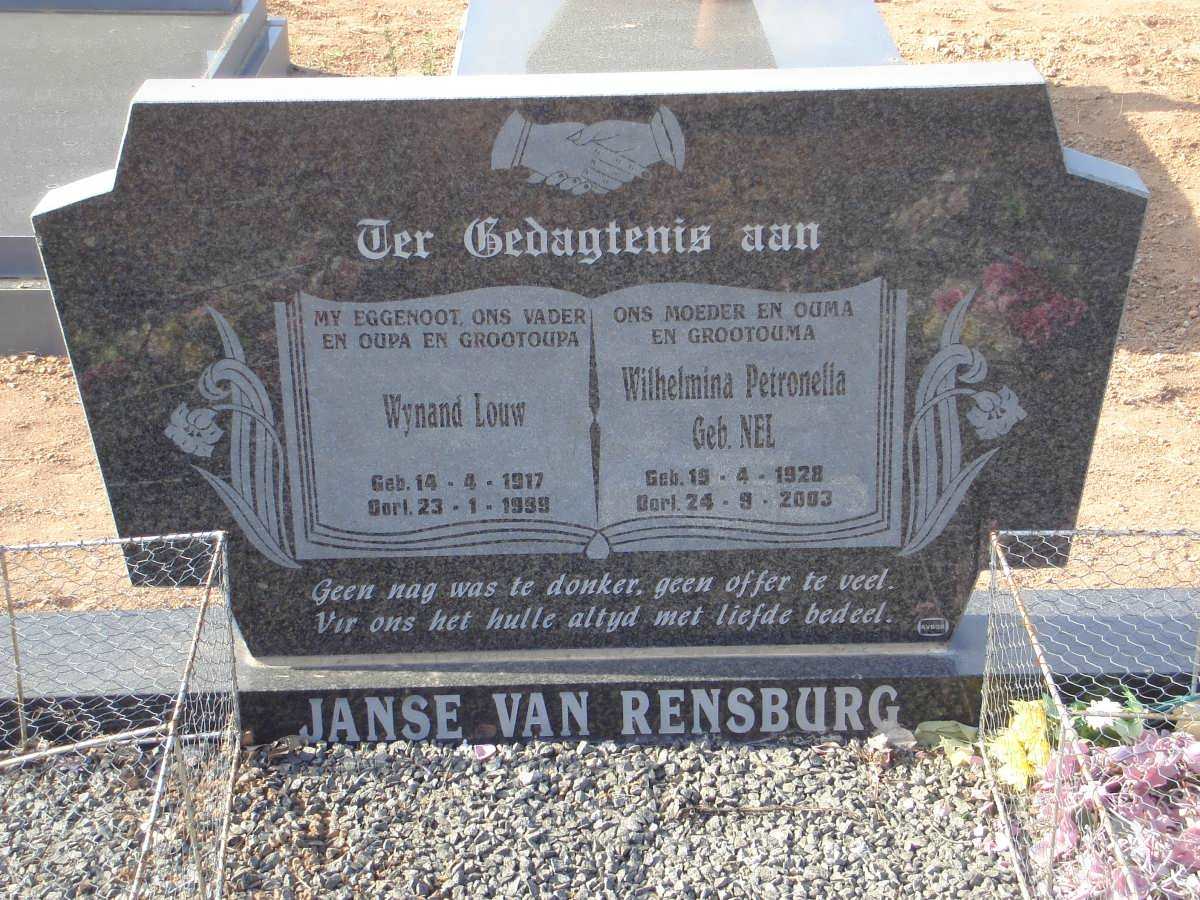 RENSBURG Wynand Louw, Janse van 1917-1999 &amp; Wilhelmina Petronella NEL 1928-2003