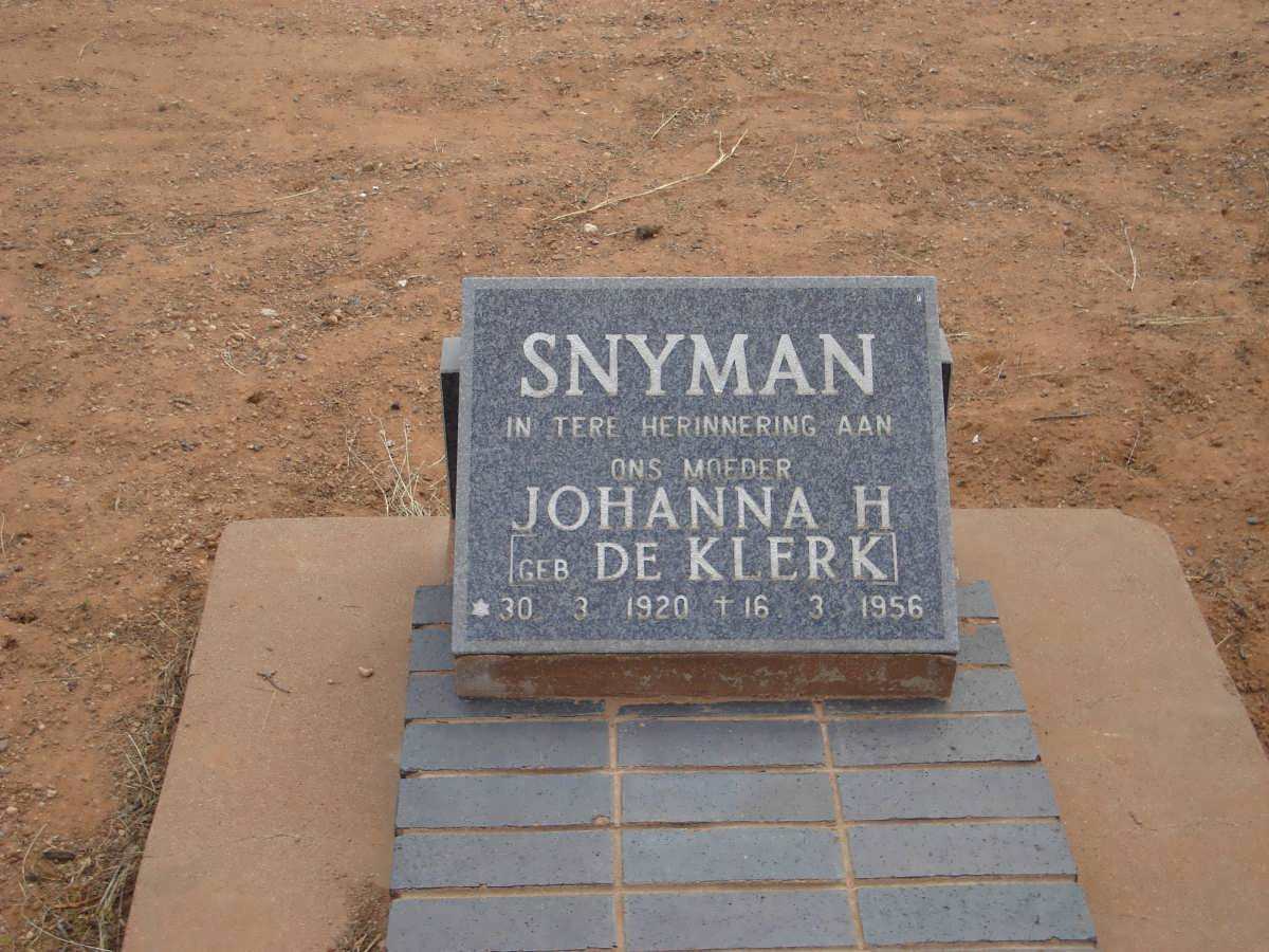 SNYMAN Johanna H. nee DE KLERK 1920-1956