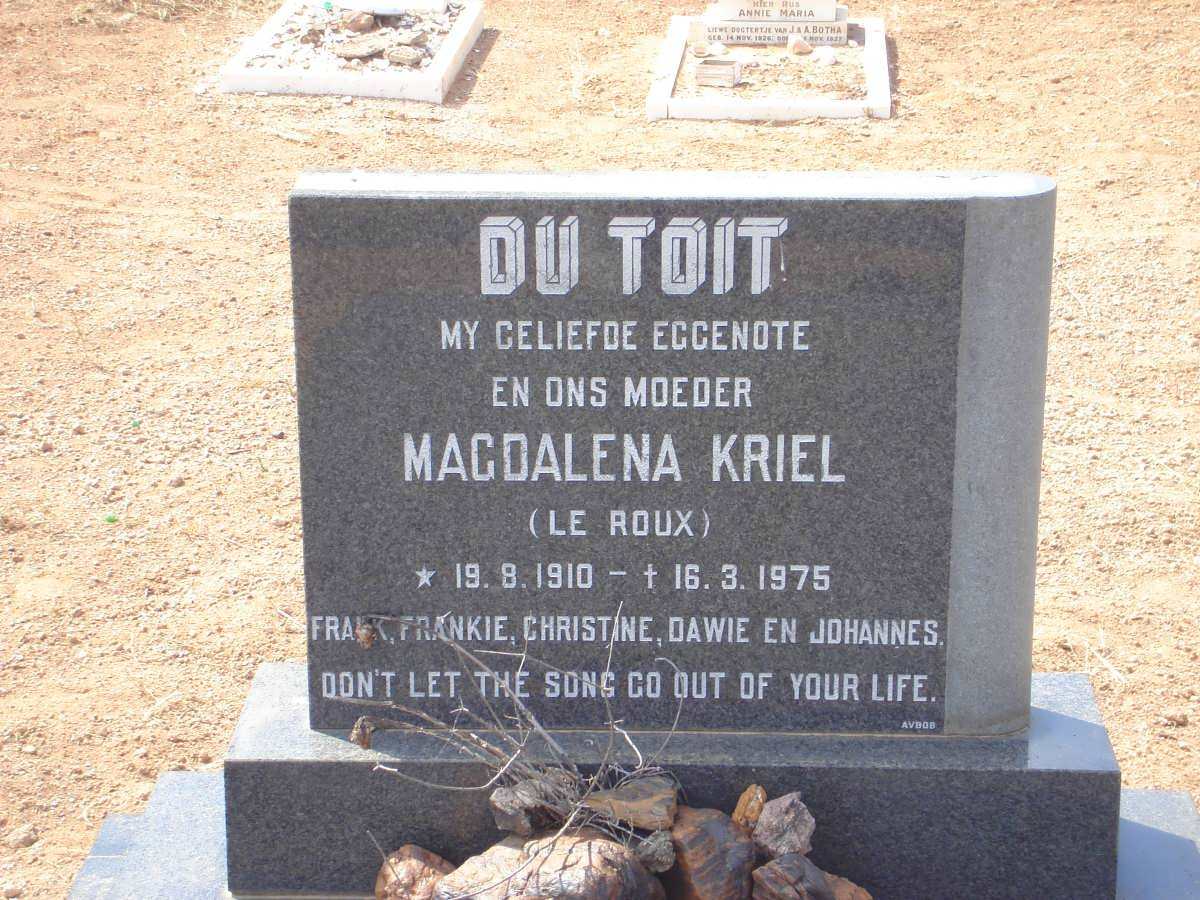 TOIT Magdalena Kriel, du nee LE ROUX 1910-1975