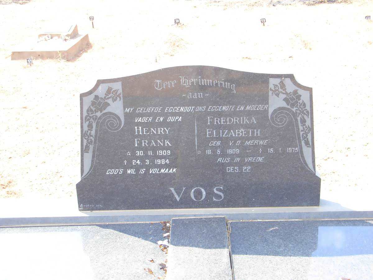 VOS Henry Frank 1909-1984 &amp; Fredrika Elizabeth VAN DER MERWE 1909-1975
