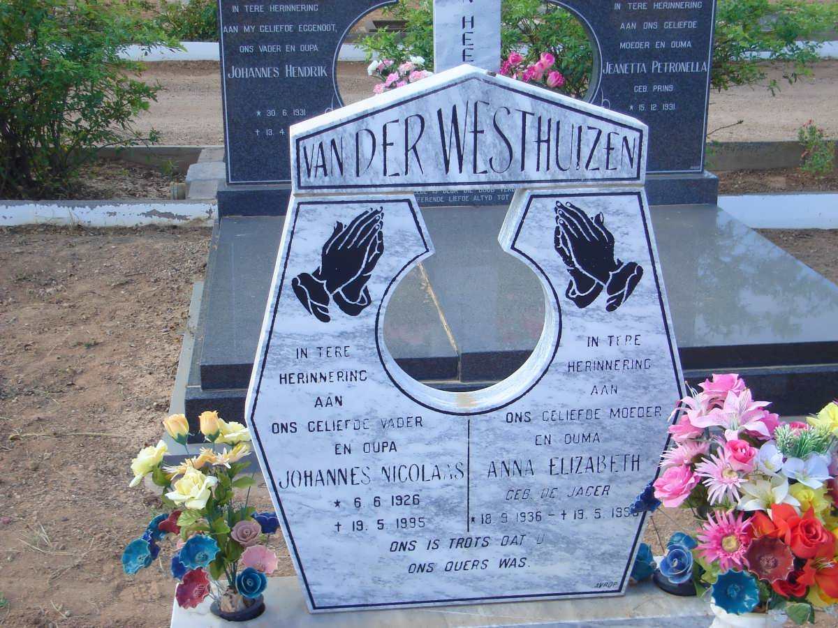 WESTHUIZEN Johannes Nicolaas, van der 1926-1995 &amp; Anna Elizabeth DE JAGER 1936-1956