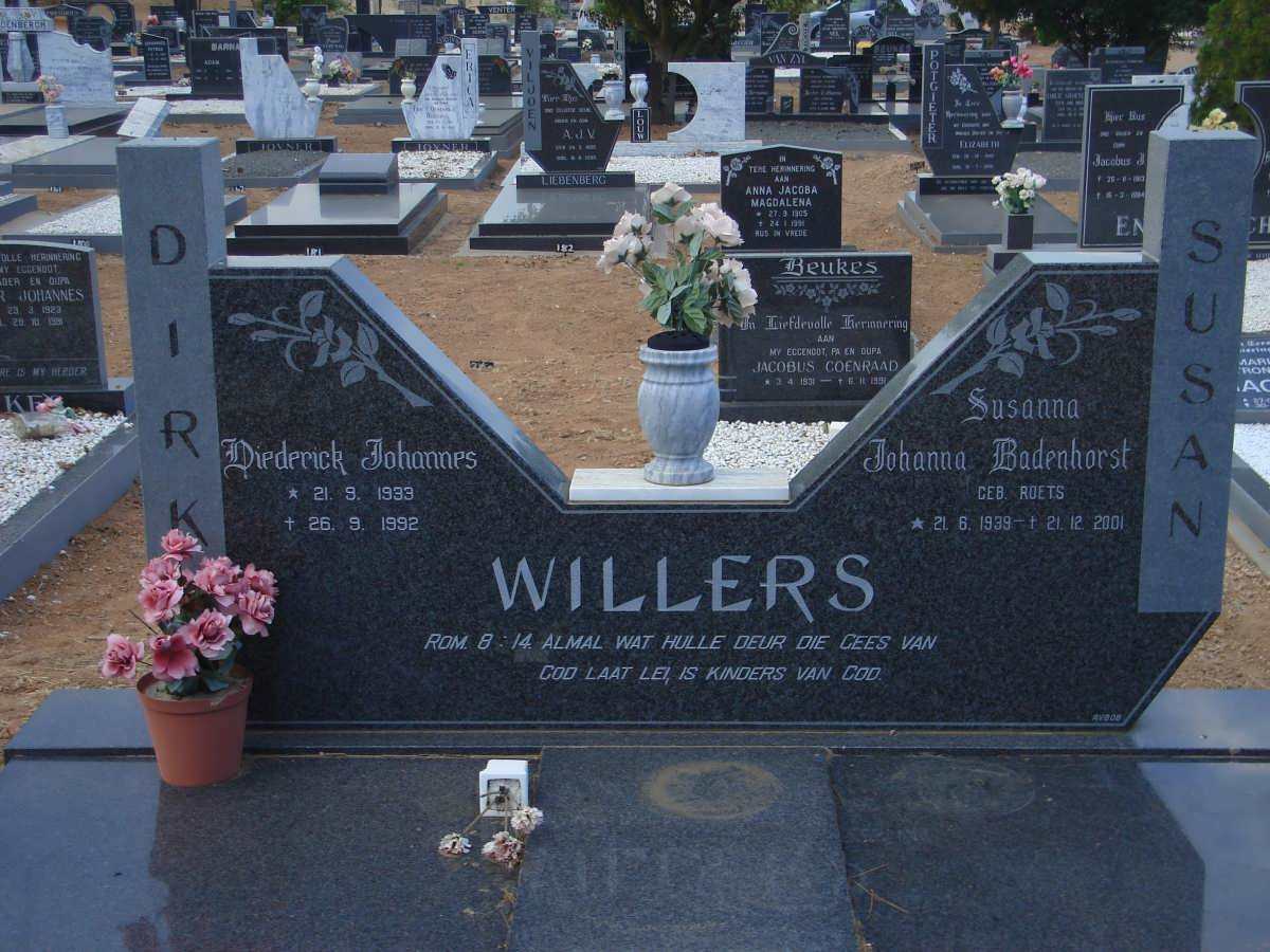 WILLERS Diederick Johannes 1933-1992 &amp; Susanna Johanna Badenhorst ROETS 1939-2001