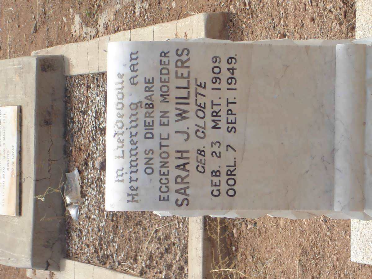 WILLERS Sarah J. nee CLOETE 1909-1949