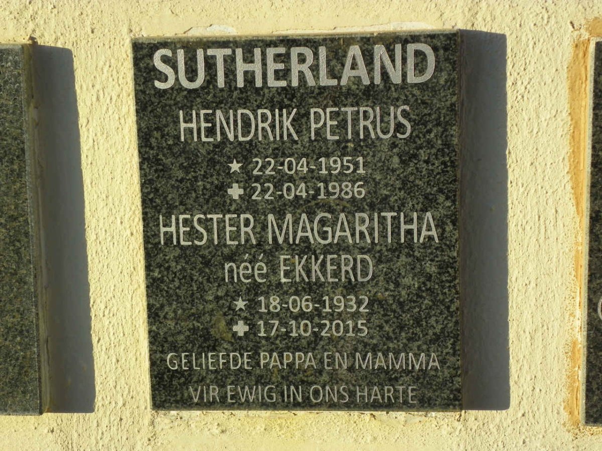 SUTHERLAND Hendrik Petrus 1951-1986 &amp; Hester Magaritha EKKERD 1932-2015