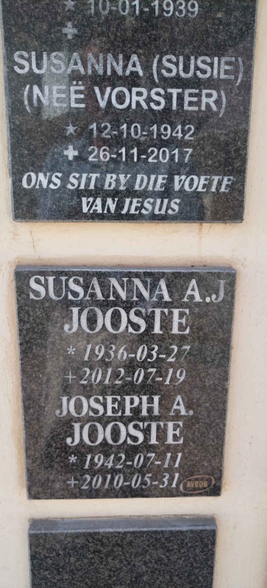 JOOSTE Joseph A. 1942-2010 & Susanna A.J. 1936-2012 