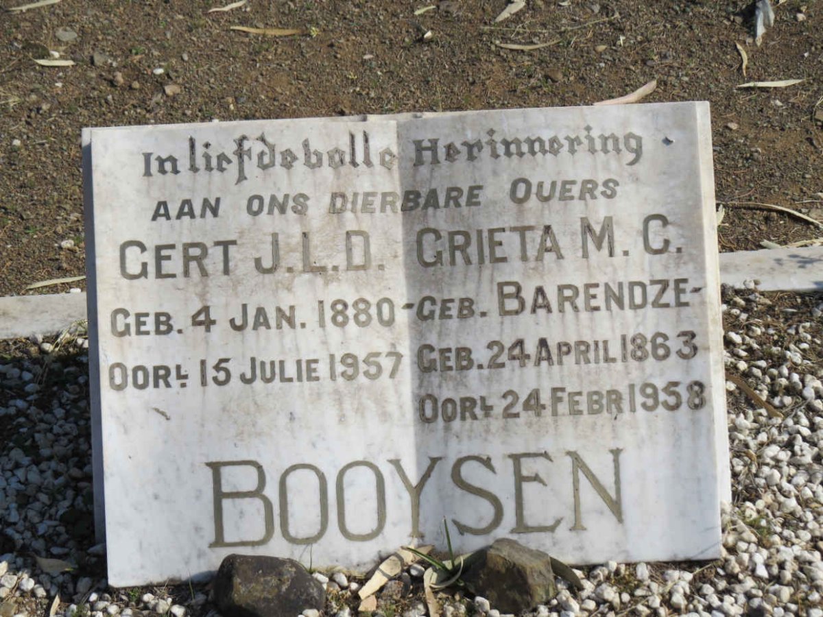 BOOYSEN J.L.D. 1880-1957 &amp; M.C. BARENDZE 1863-1958