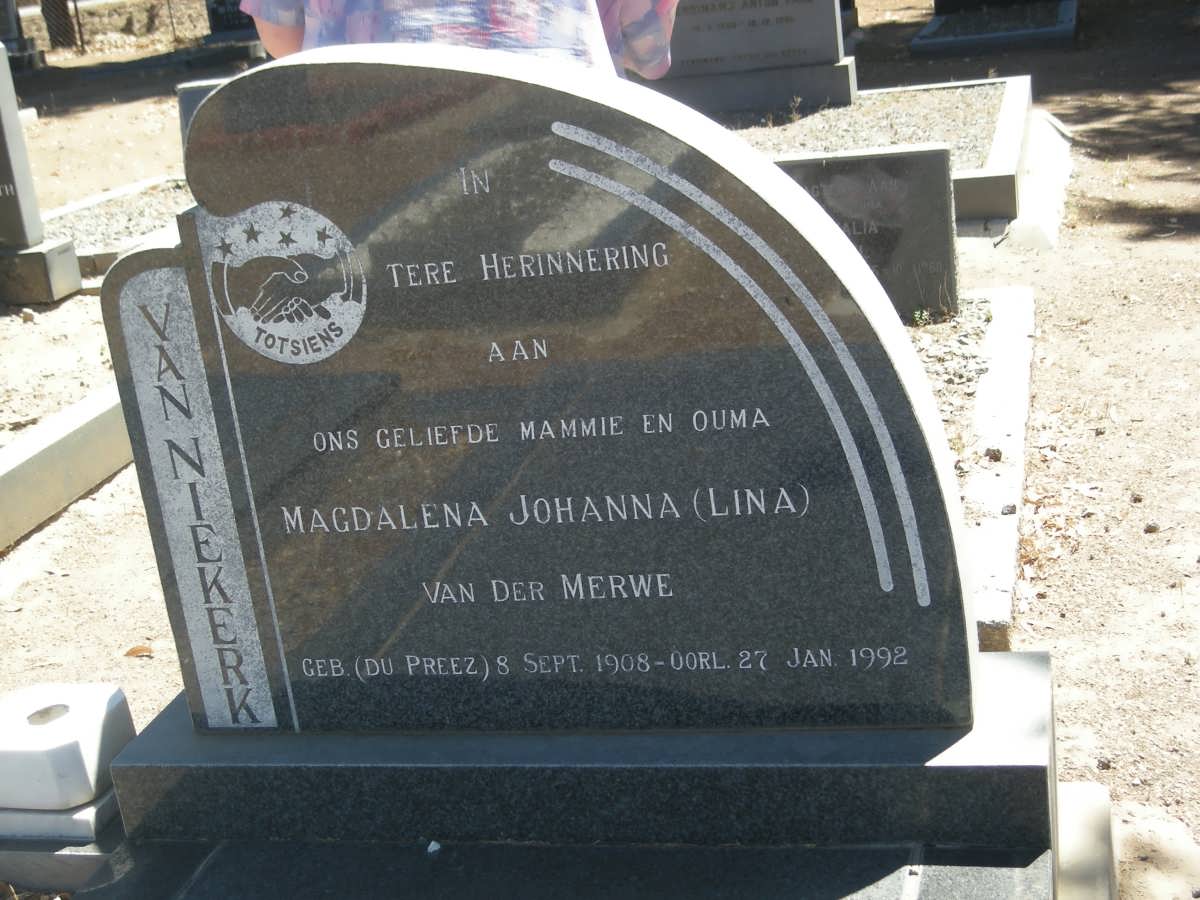 MERWE Magdalena Johanna, van der voorheen VAN NIEKERK nee DU PREEZ 1908-1992