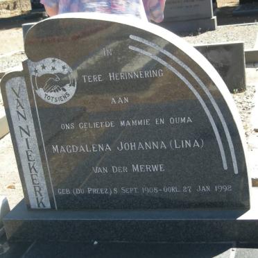 MERWE Magdalena Johanna, van der voorheen VAN NIEKERK nee DU PREEZ 1908-1992