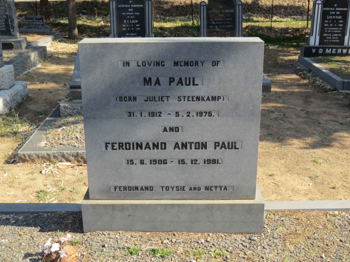 PAUL Ferdinand Anton 1906-1981 &amp; Juliet STEENKAMP 1912-1975