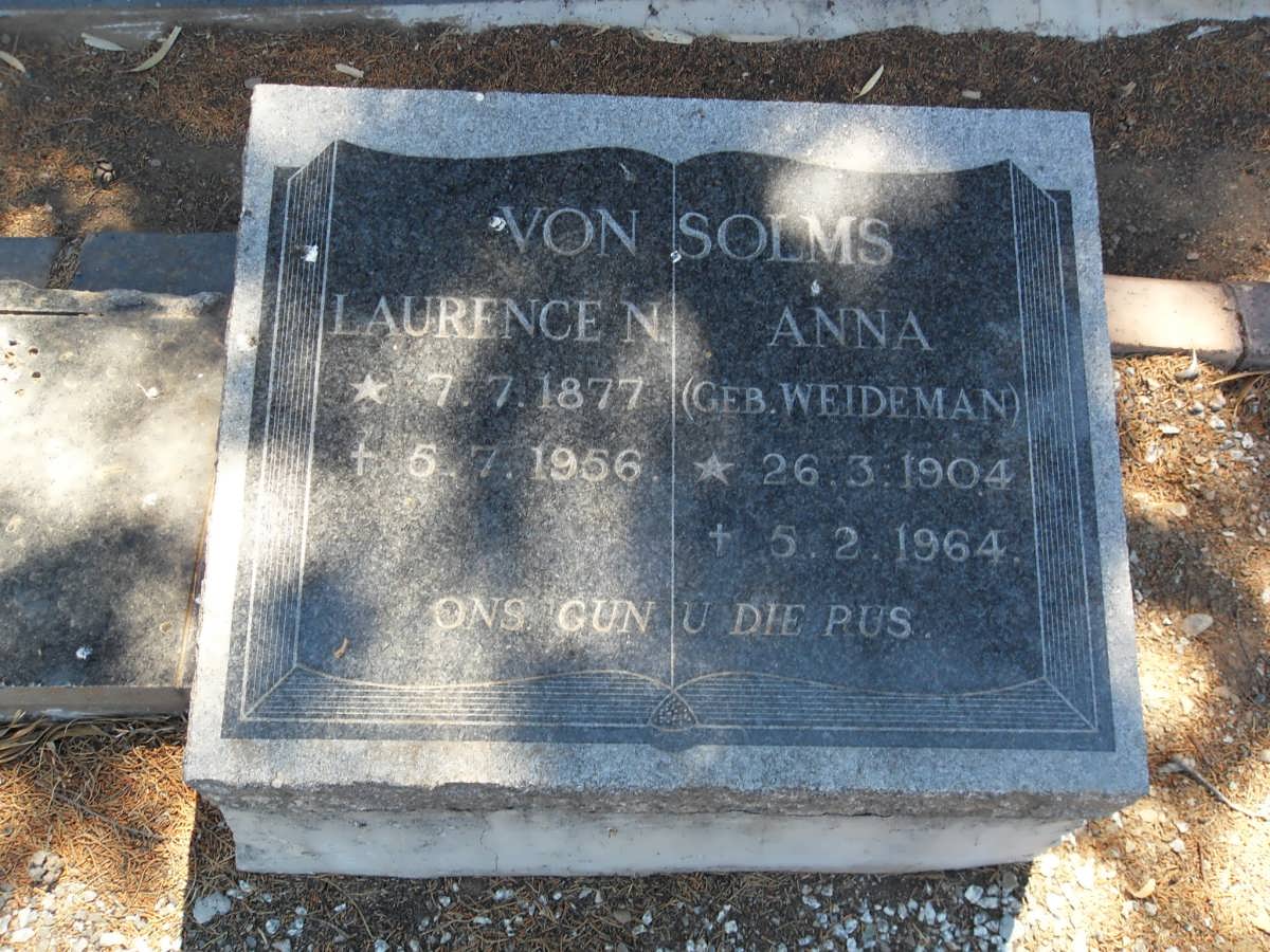 SOLMS Laurence N., von 1877-1956 &amp; Anna WEIDEMAN 1904-1964