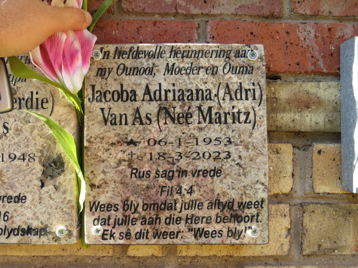 AS Jacoba Adriaana, van nee Maritz 1953-2023
