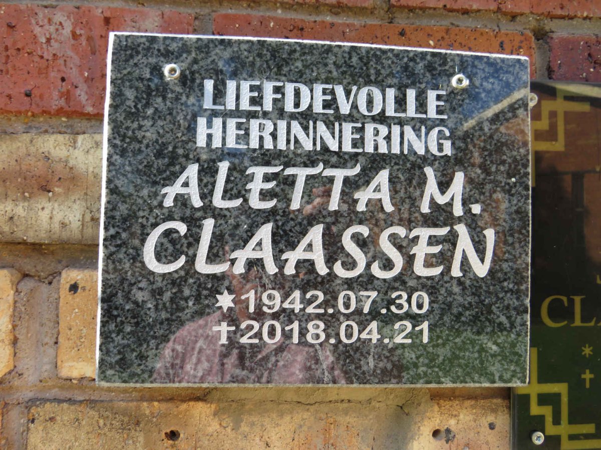 CLAASSEN Aletta M. 1942-2018