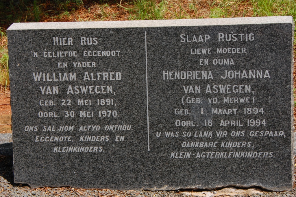 ASWEGEN William Alfred, van 1891-1970 &amp; Hendrina Johanna v.d. MERWE 1894-1994