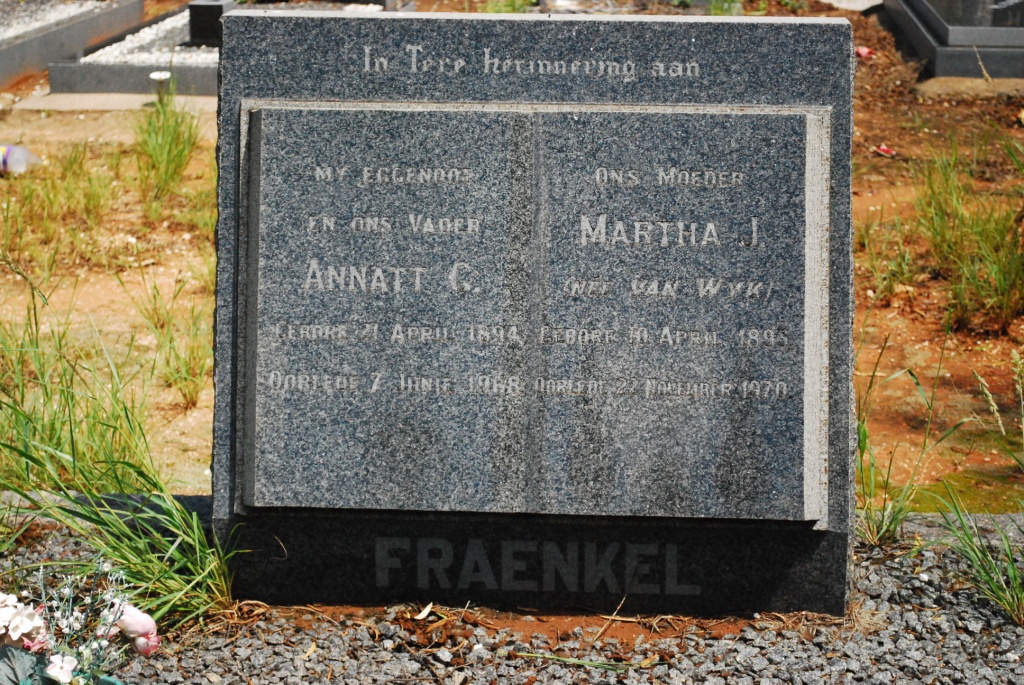 FRAENKEL Annatt G. 1894-1968 &amp; Martha J. VAN WYK 1895-1970