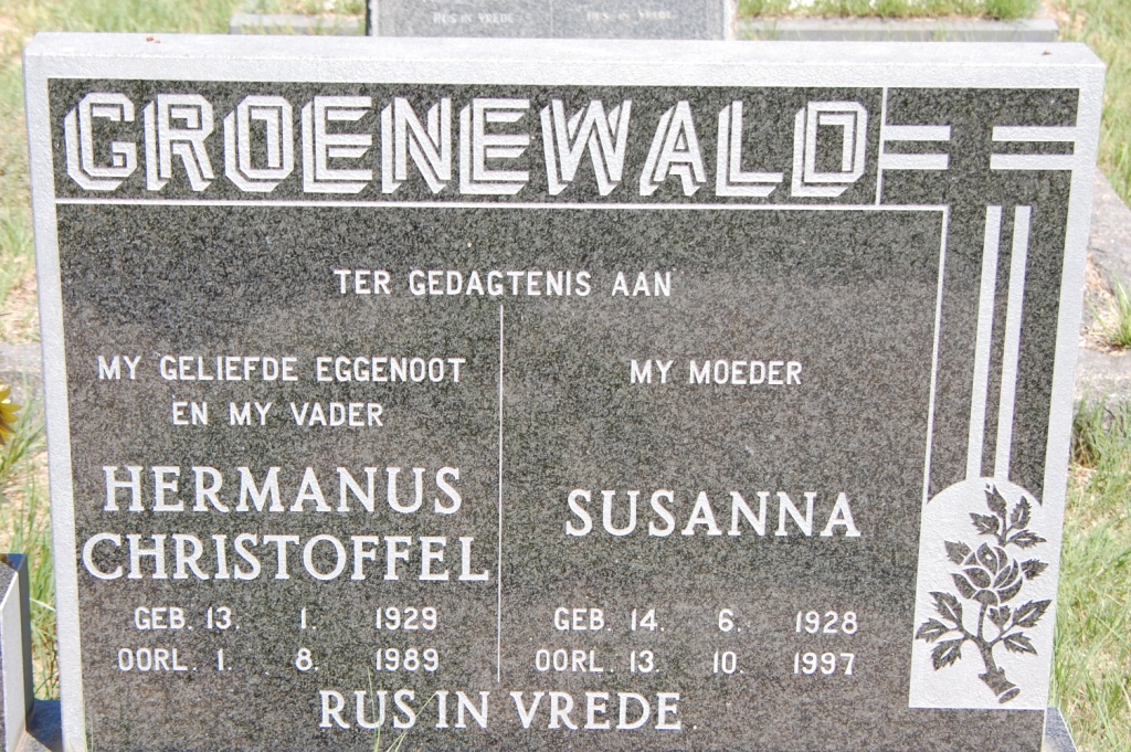 GROENEWALD Hermanus Christoffel 1929-1989 &amp; Susanna 1928-1997