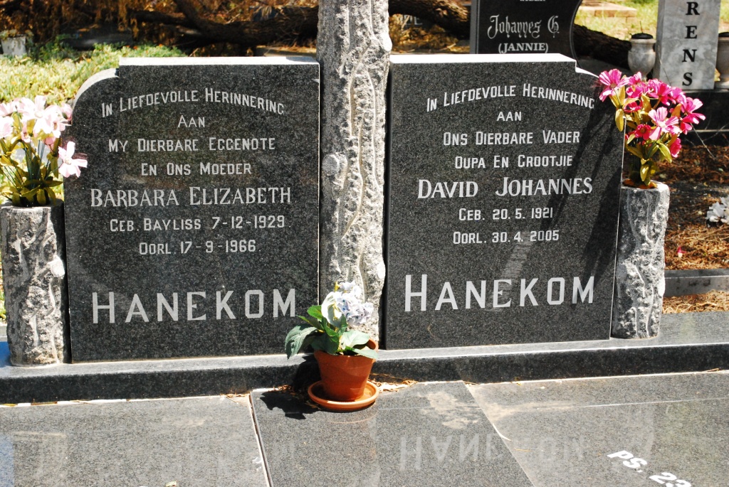 HANEKOM David Johannes 1921-2005 &amp; Barbara Elizabeth BAYLISS 1929-1966