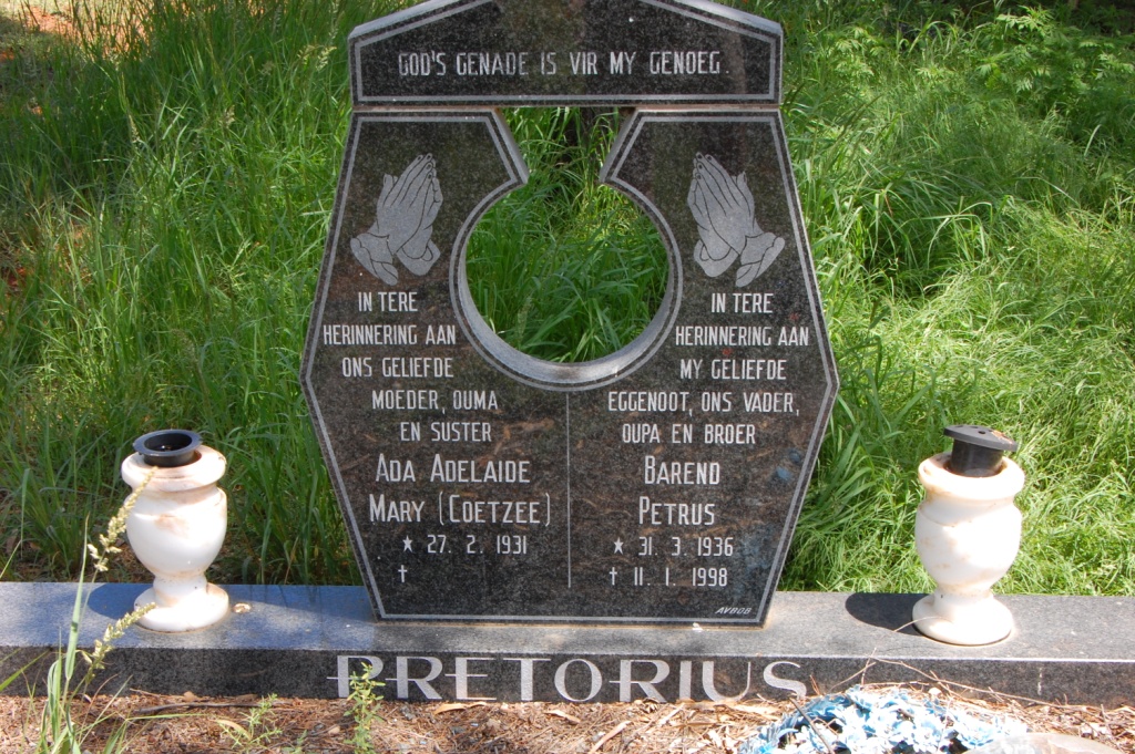PRETORIUS Barend Petrus 1936-1998 &amp; Ada Adelaide Mary COETZEE 1931-