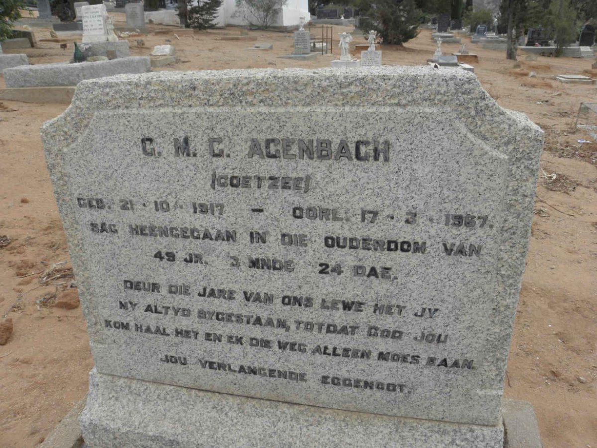 AGENBACH G.M.C. nee COETZEE 1917-1967