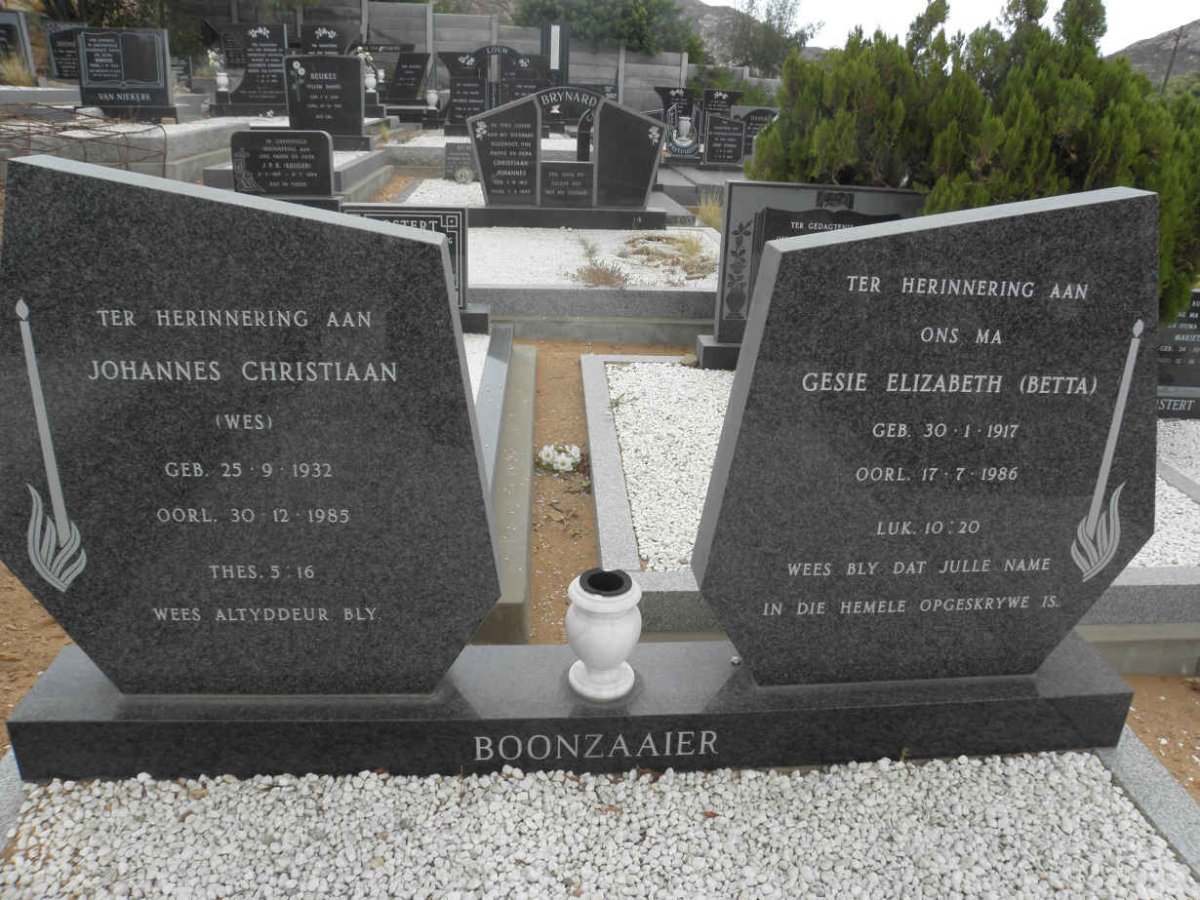 BOONZAAIER Johannes Christiaan 1932-1985 &amp; Gesie Elizabeth 1917-1986