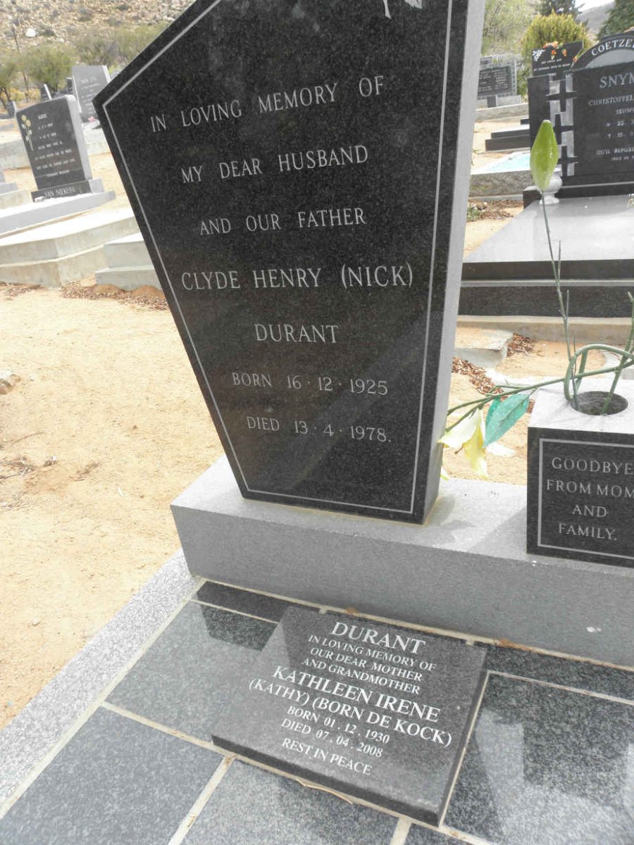 DURANT Clyde Henry 1925-1978 &amp; Kathleen Irene de KOCK 1930-2008