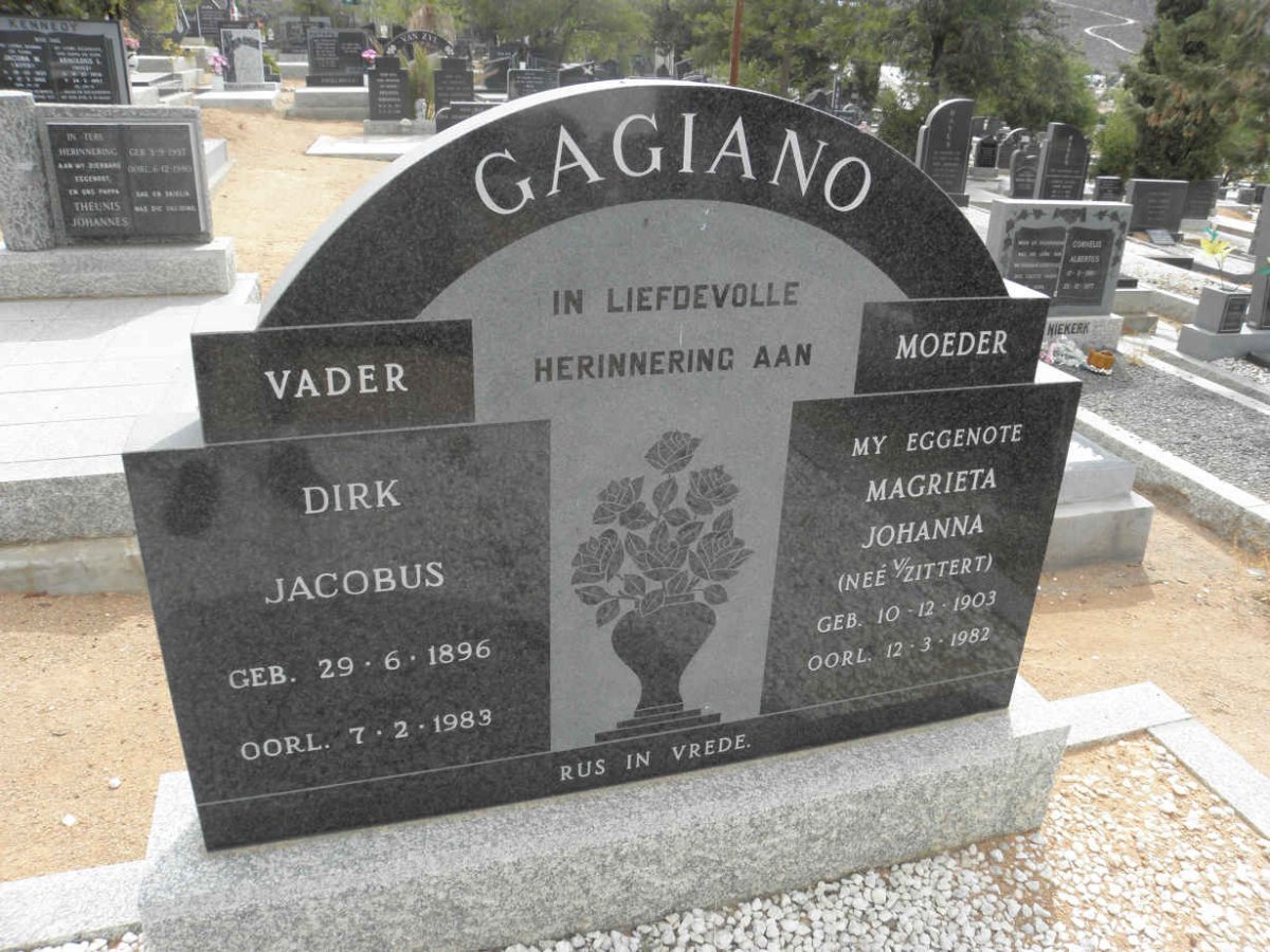 GAGIANO Dirk Jacobus 1896-1983 &amp; Magrieta Johanna v. ZITTERT 1903-1982