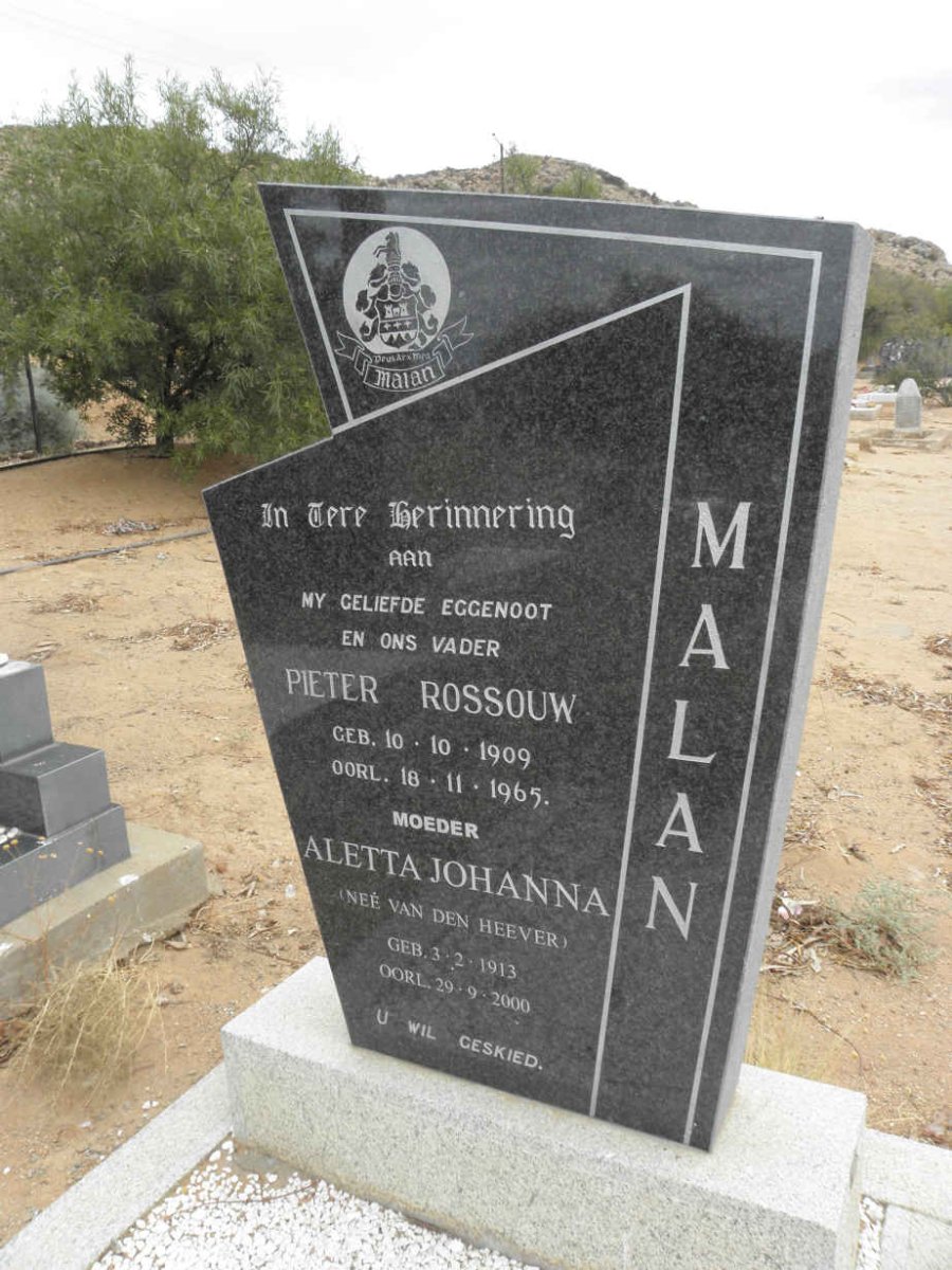 MALAN Pieter Rossouw 1909-1965 &amp; Aletta Johanna VAN DEN HEEVER 1913-2000