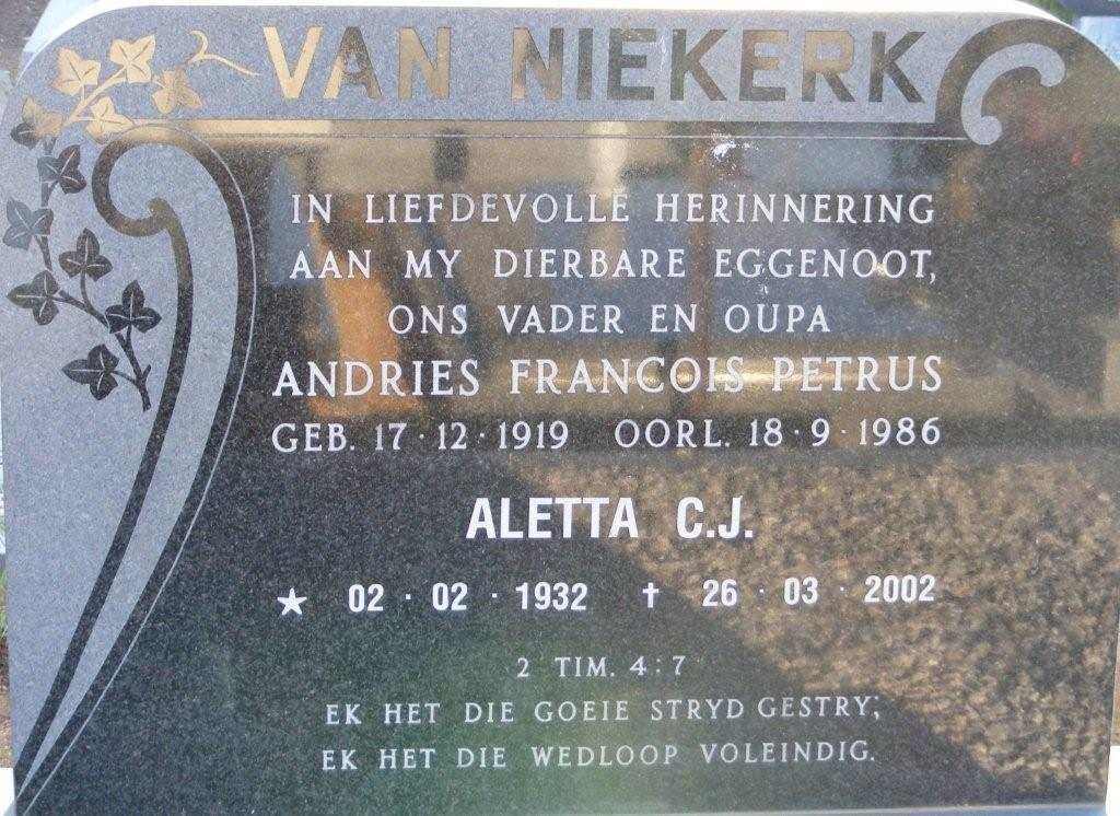 NIEKERK Andries Francois Petrus, van 1919-1986 &amp; Aletta C.J. 1932-2002