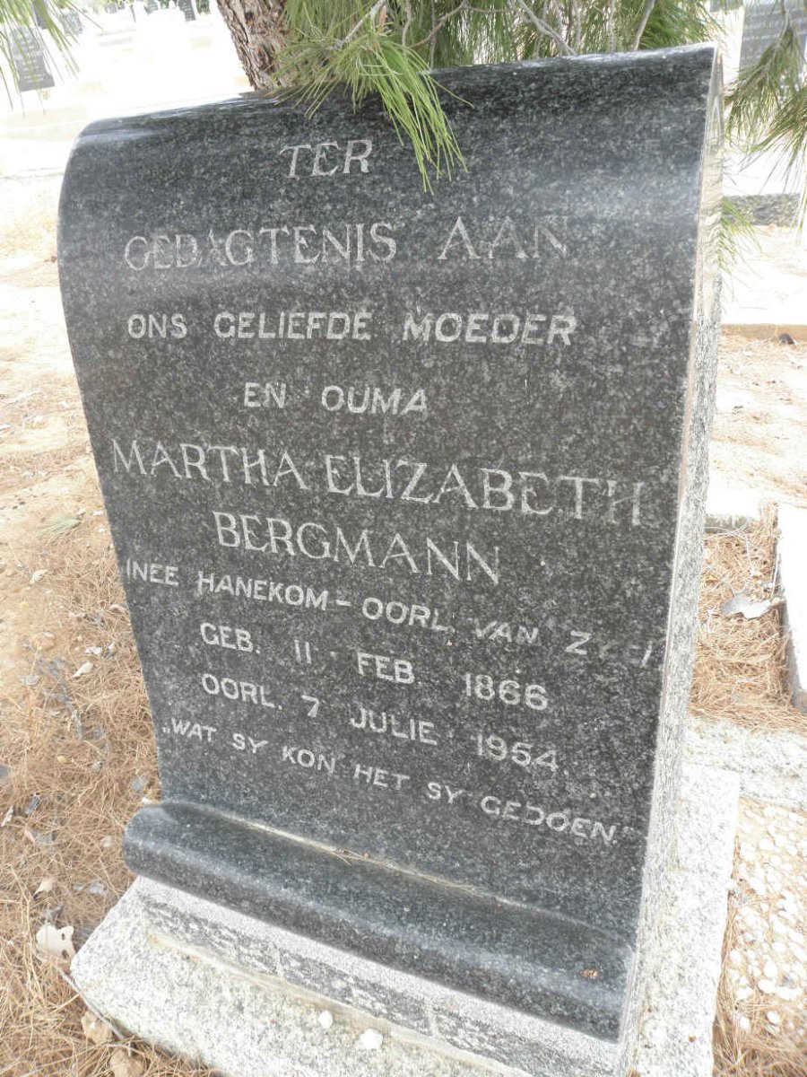 ZYL Martha Elizabeth, van formerly BERGMANN nee HANEKOM 1866-1954