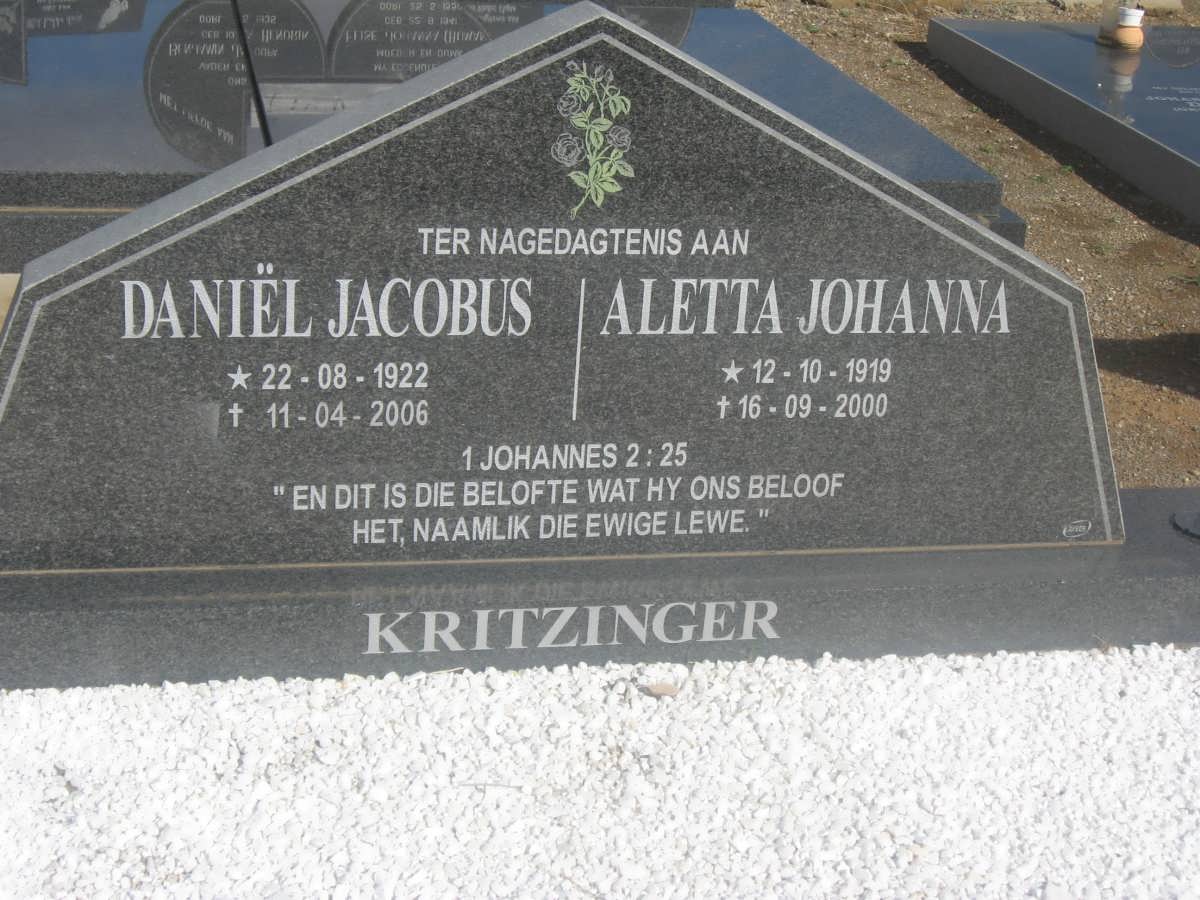 KRITZINGER Daniel Jacobus 1922-2006 &amp; Aletta Johanna 1919-2000