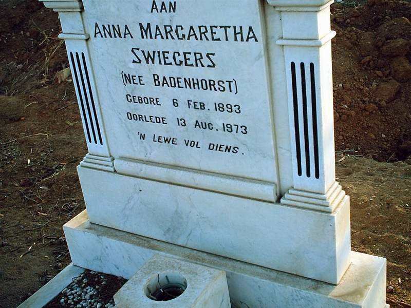 SWIEGERS Anna Margaretha nee BADENHORST 1893-1973
