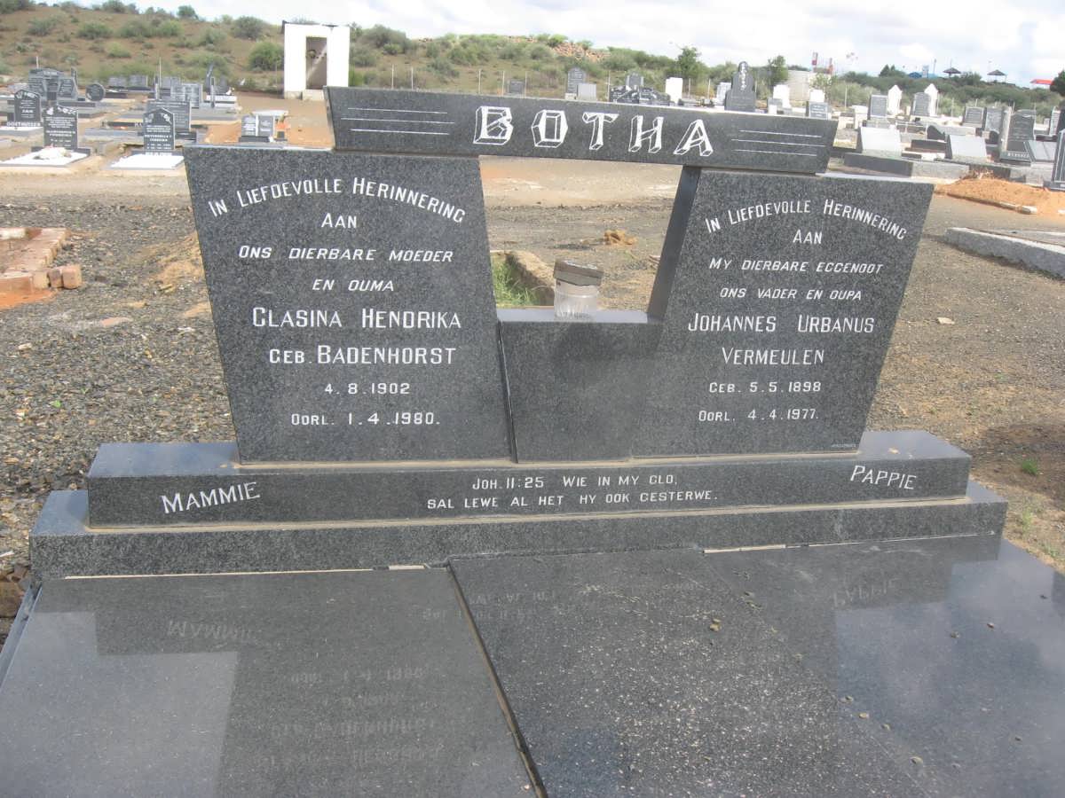BOTHA Johannes Urbanus Vermeulen 1898-1977 &amp; Clasina Hendrina BADENHORST 1902-1980