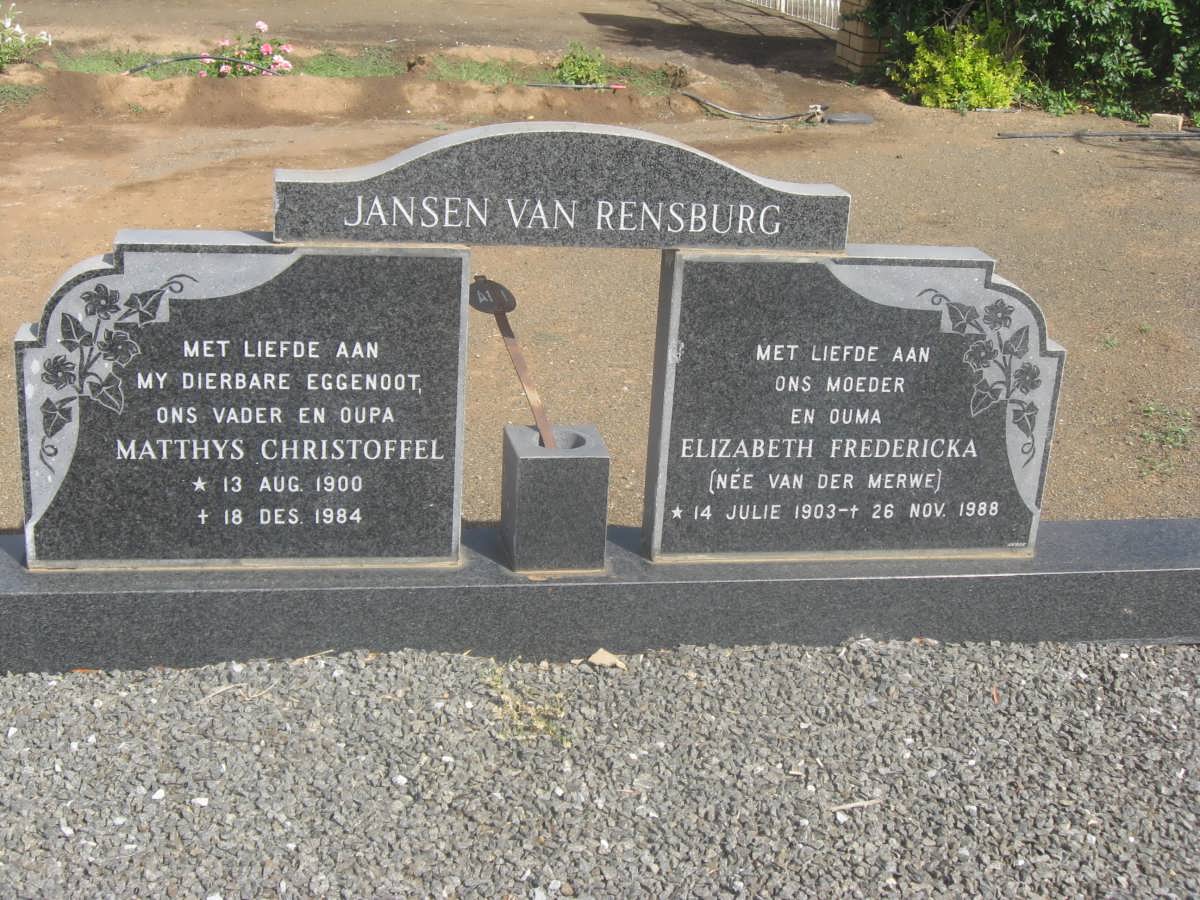 RENSBURG Matthys Christoffel, Jansen van 1900-1984 &amp; Elizabeth Fredericka van der MERWE 1903-1988