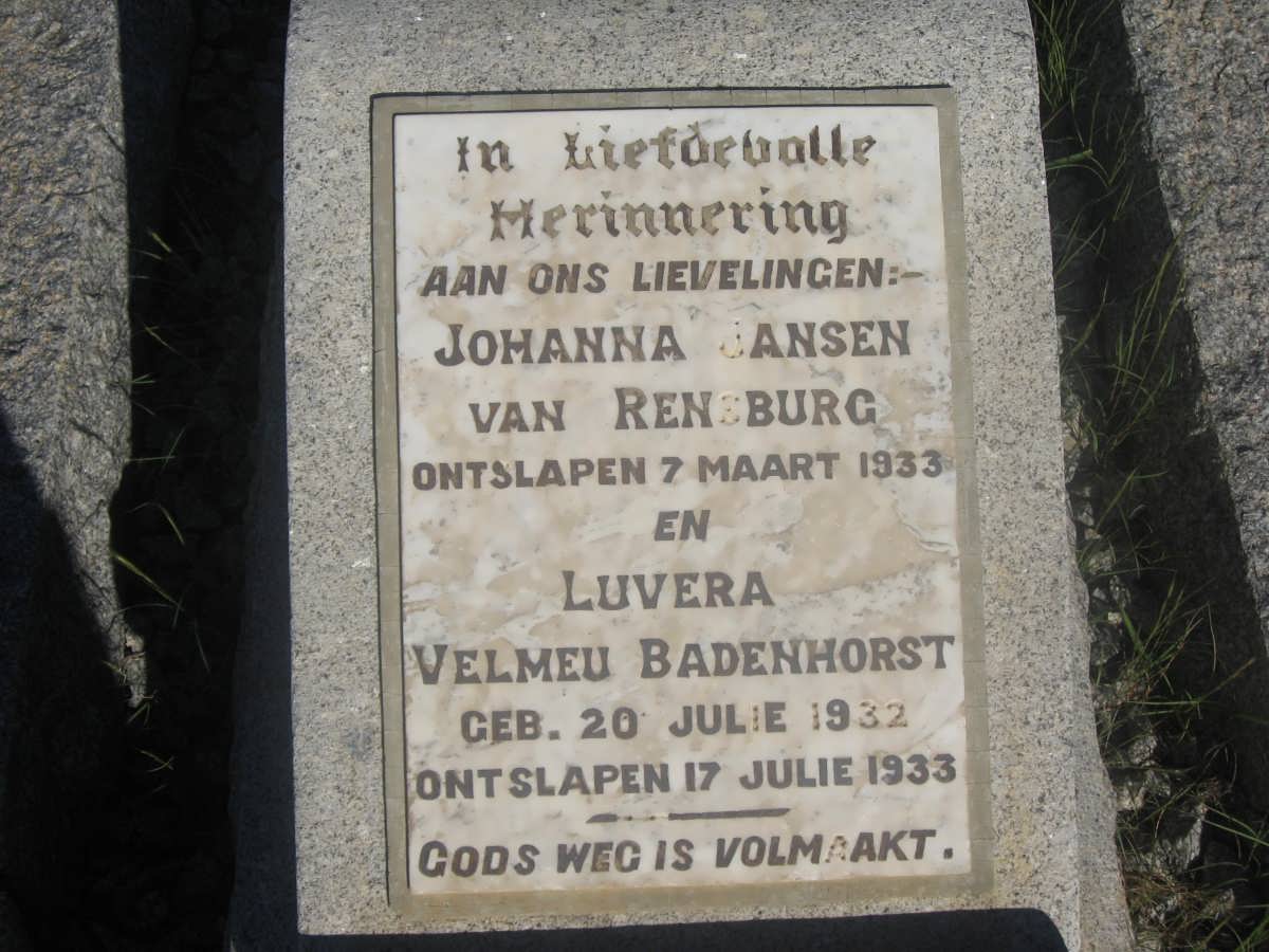 RENSBURG Johanna, Jansen van -1933 :: BADENHORST Luvera Belmeu 1932-1933