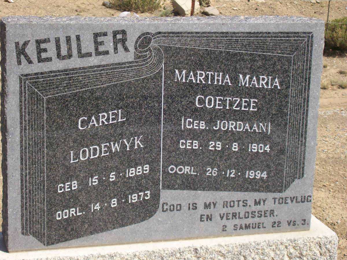 KEULER Carel Lodewyk 1889-1973 &amp; Martha Maria COETZEE nee JORDAAN 1904-1994