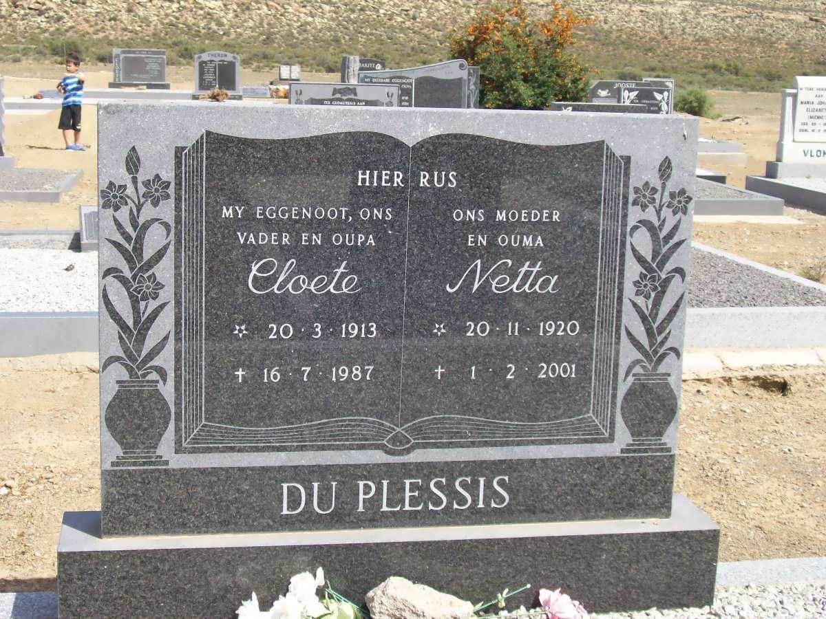 PLESSIS Cloete, du 1913-1987 &amp; Netta 1920-2001